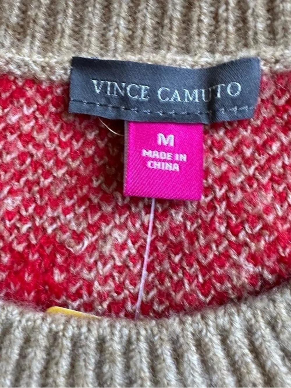 NWT Vince Camuto Tan Crewneck Sweater with Red Heart Pattern - Picture 4 of 8